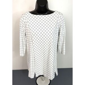 J Jill Ponte Knit Long Sleeve Top Women's Petite Large Grid Pattern Career